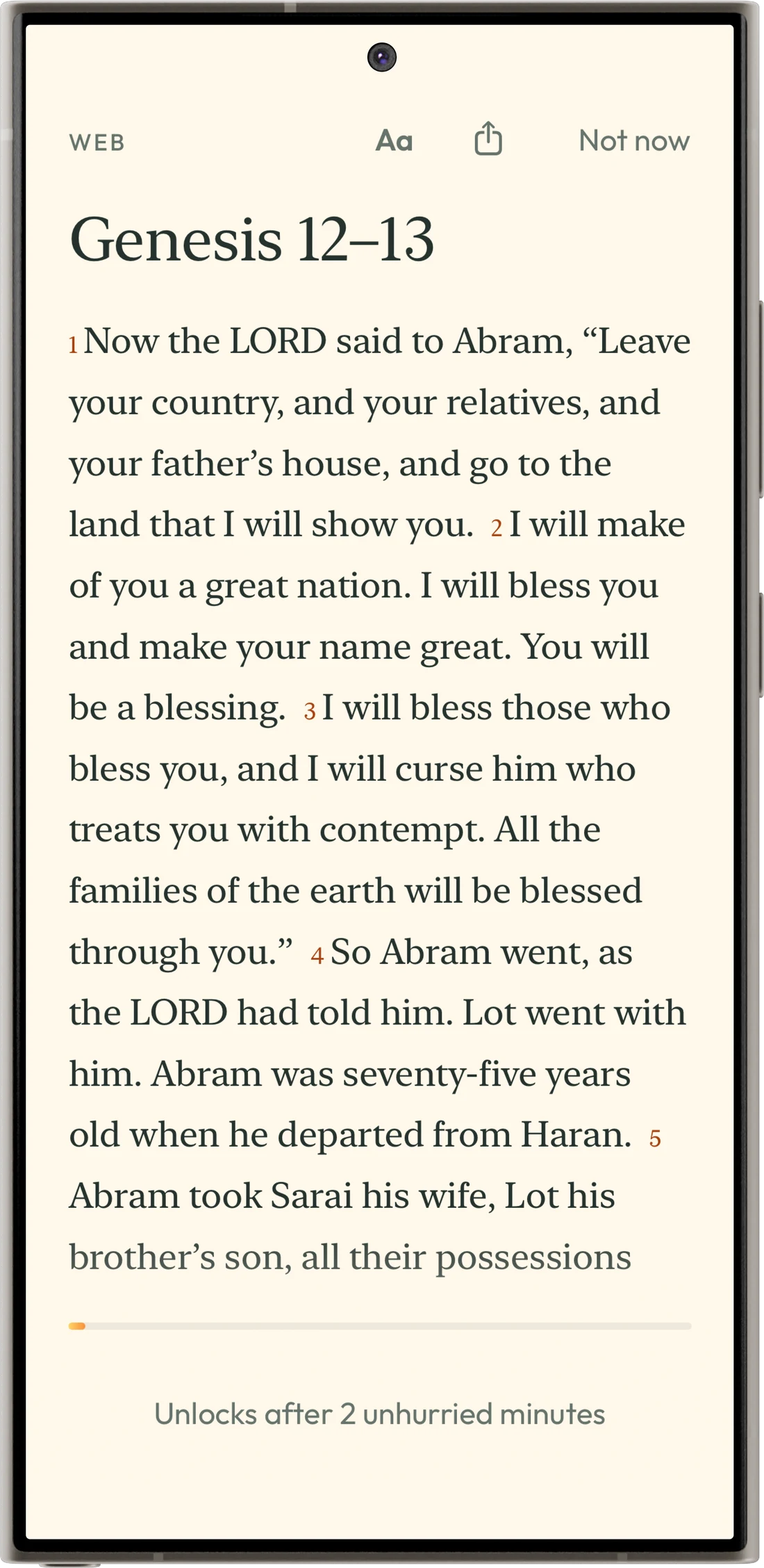 The reading screen inside First, open to Genesis 12.